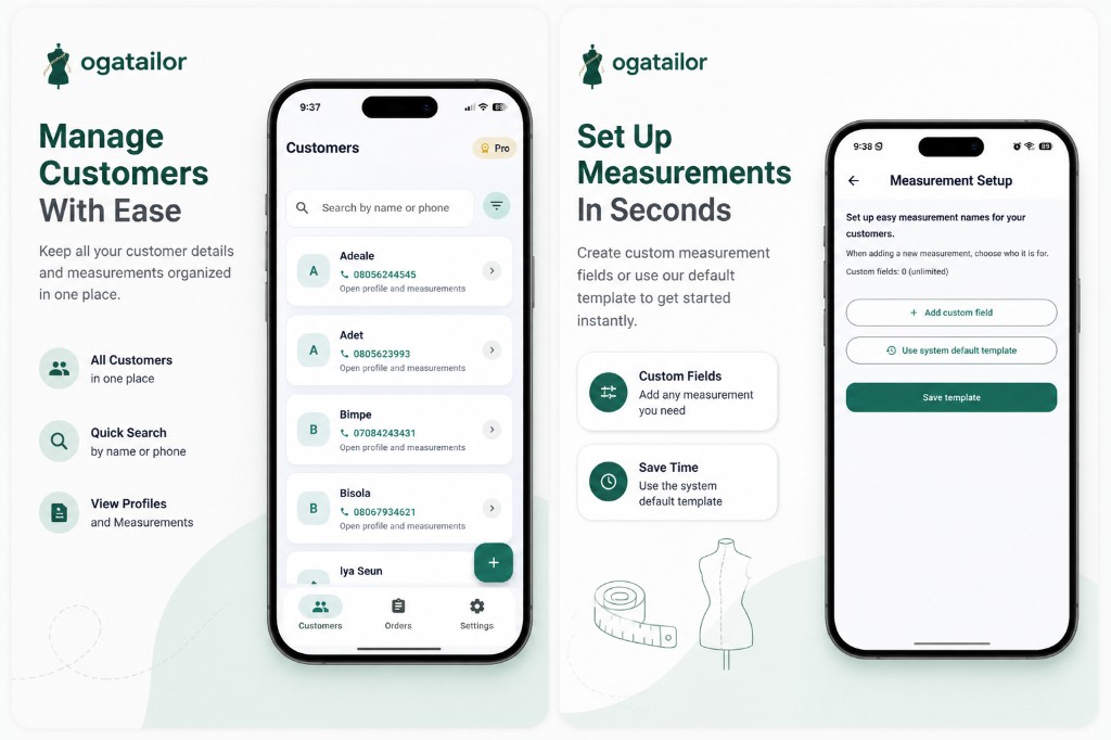 OgaTailor — customer list and measurement setup on mobile